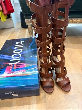 Tildon Brown Strappy Knee-High Gladiator Heeled Boots. 4” heel